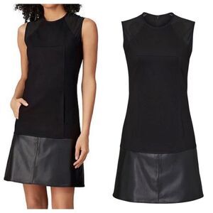KF/KaufmanFranco Black elegant Faux Leather Trim Shift sleeveless Dress sz 2